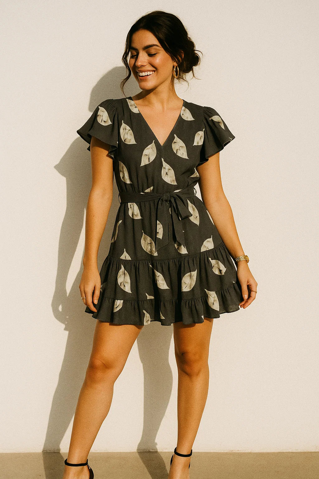 Leaves Print On Dark Grey Base Digital Printed Fabric