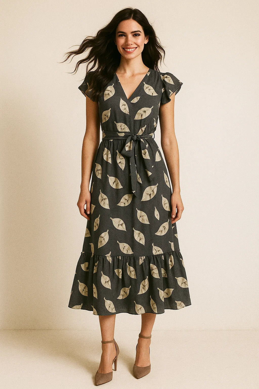 Leaves Print On Dark Grey Base Digital Printed Fabric