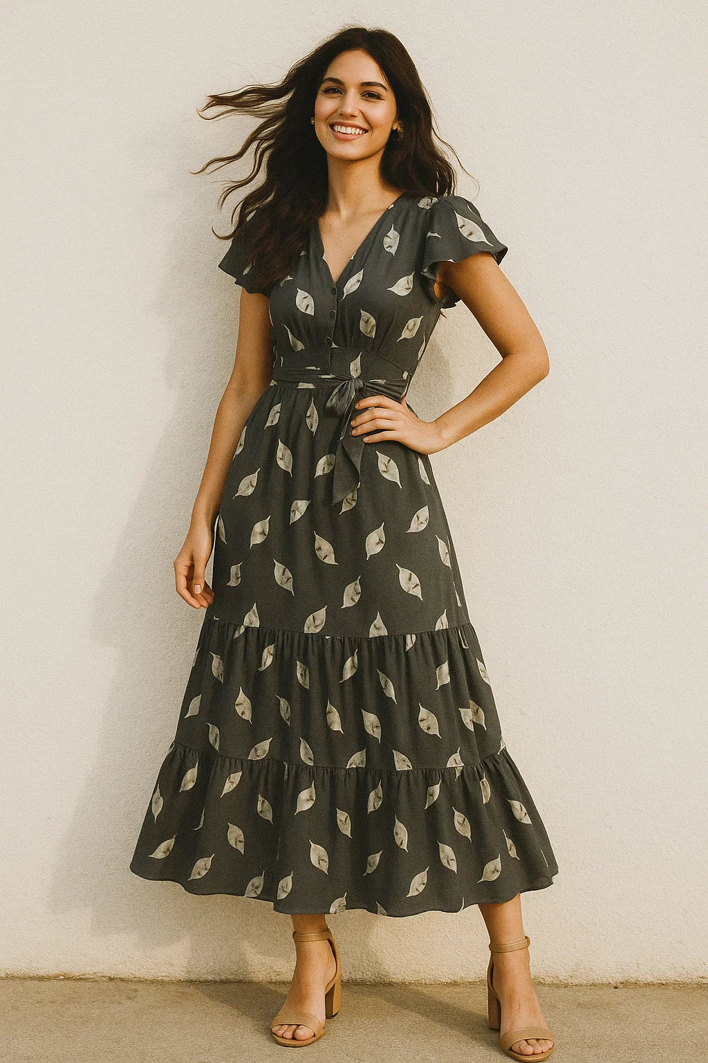 Leaves Print On Dark Grey Base Digital Printed Fabric