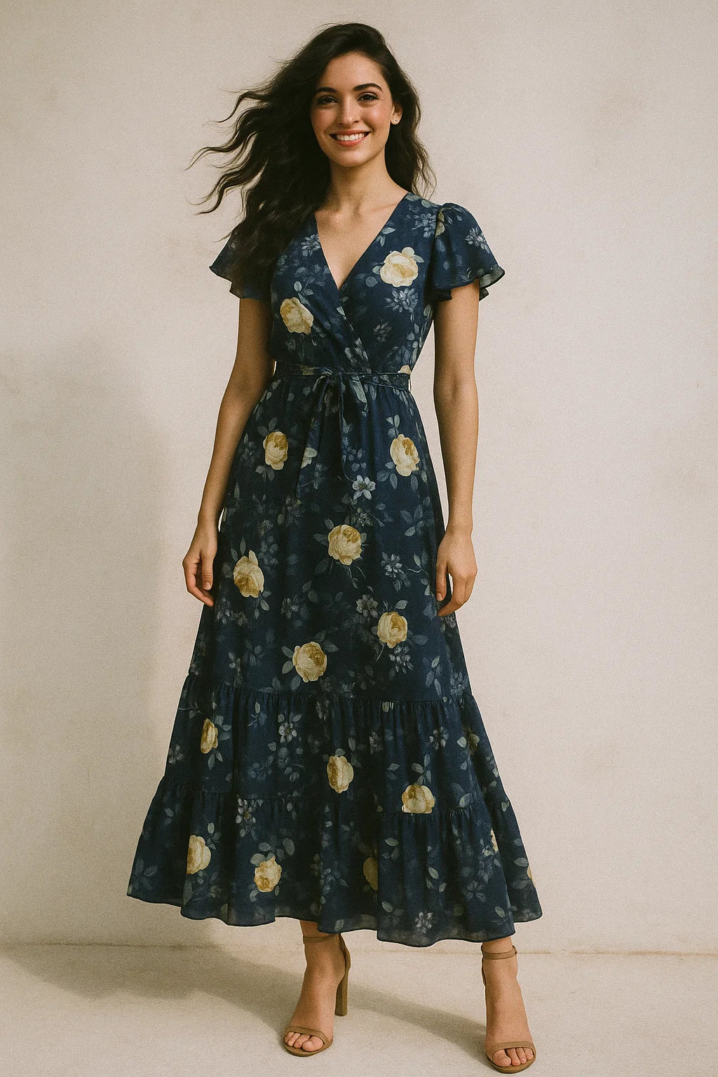 Elegant Floral Over Blue Base Digital Printed Fabric