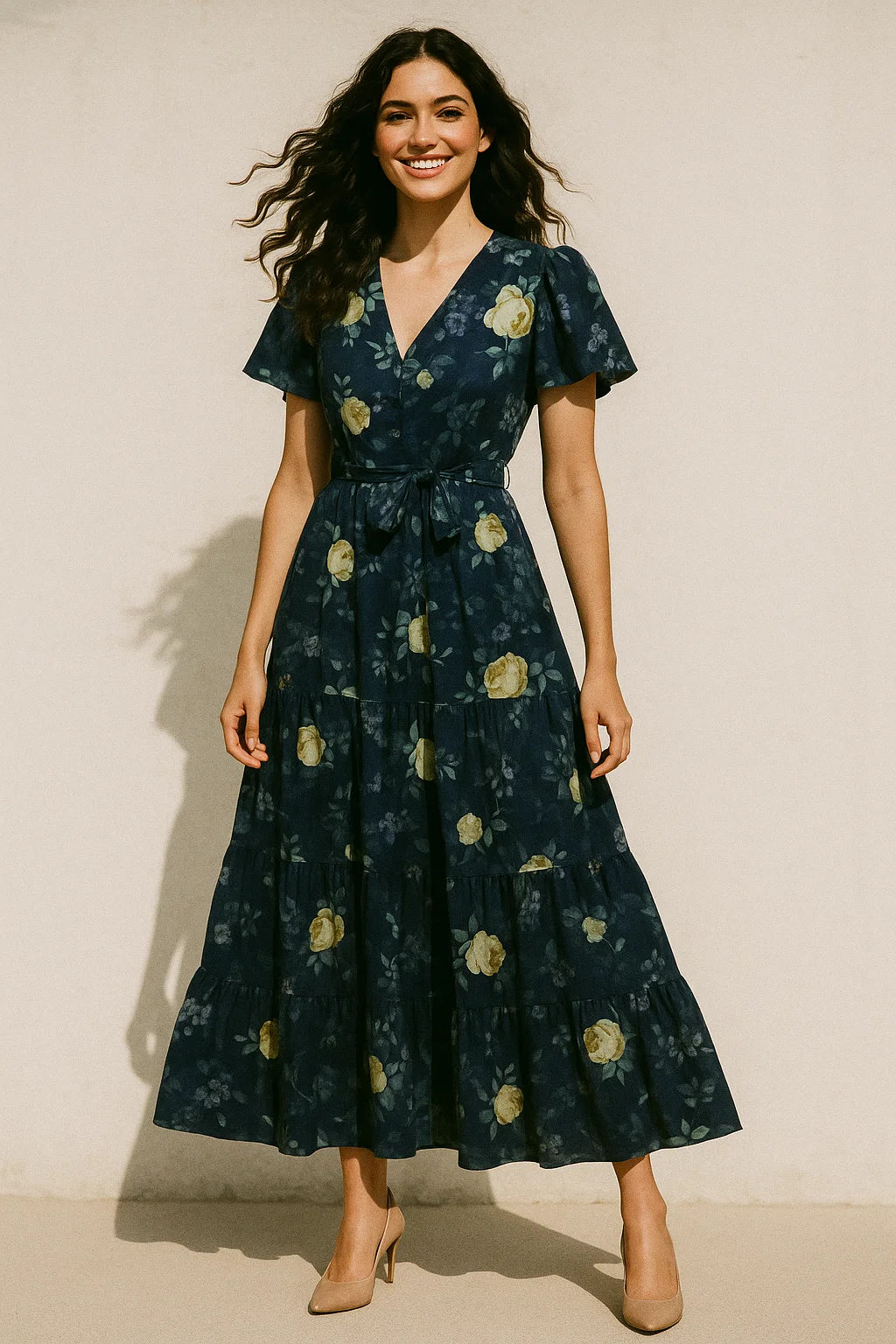 Elegant Floral Over Blue Base Digital Printed Fabric