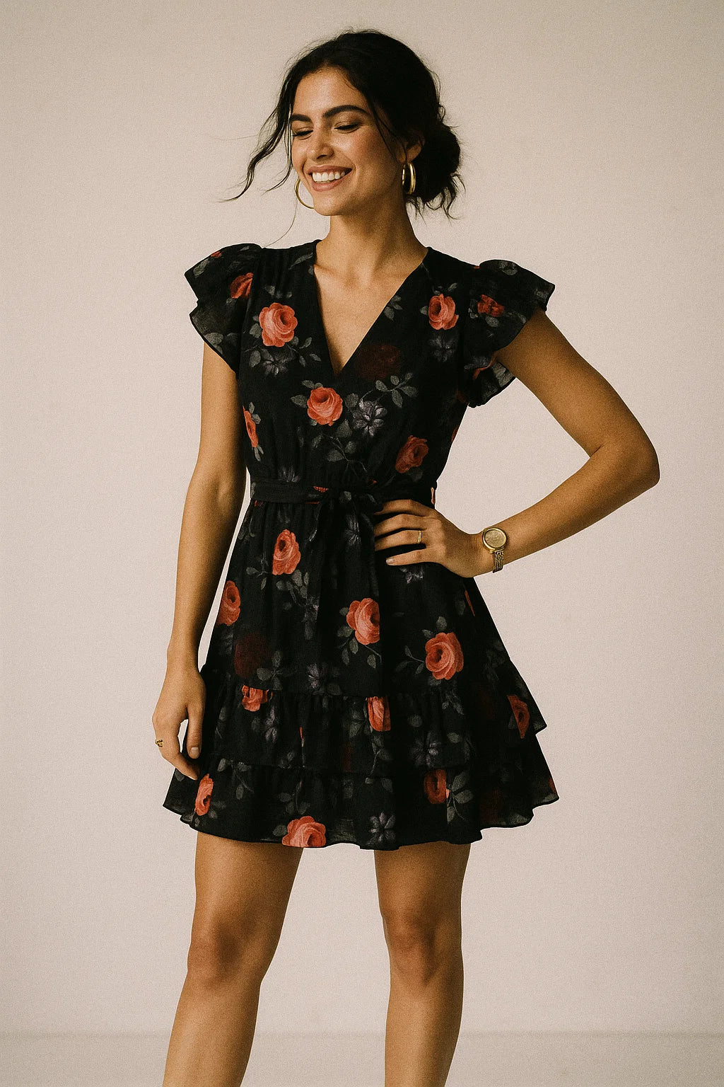 Elegant Floral Over Black Base Digital Printed Fabric