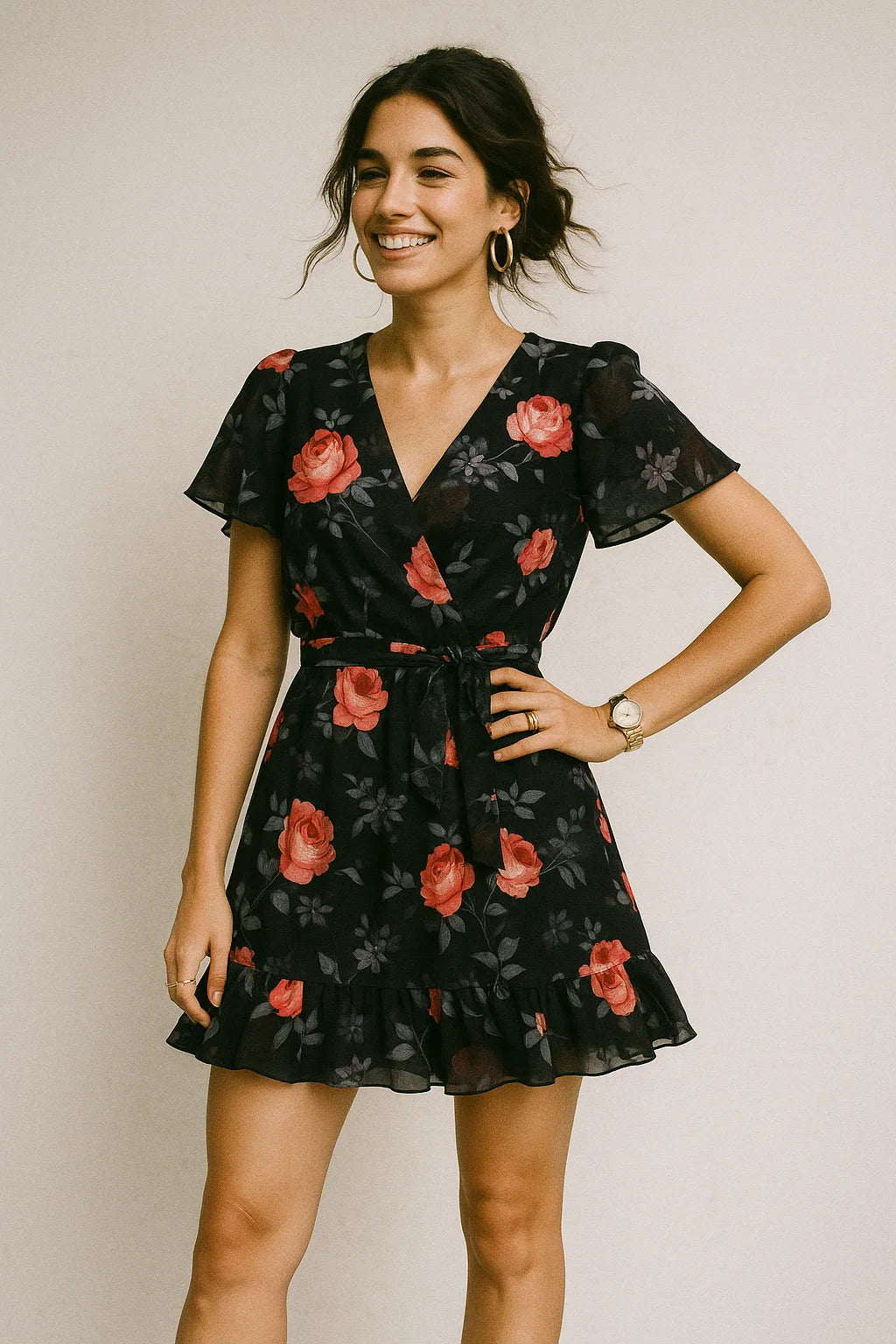 Elegant Floral Over Black Base Digital Printed Fabric