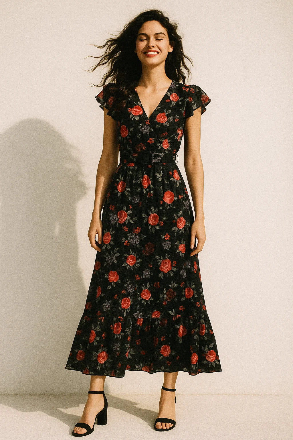 Elegant Floral Over Black Base Digital Printed Fabric