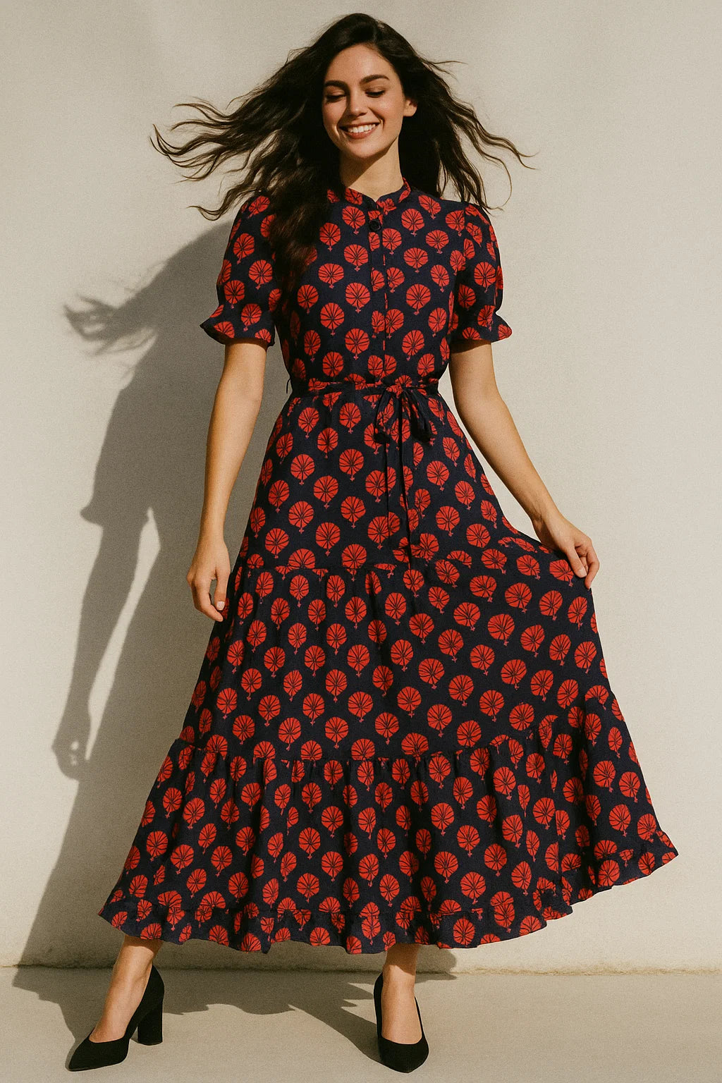 Beautiful Red Floral Over Dark Blue Base Printed Fabric