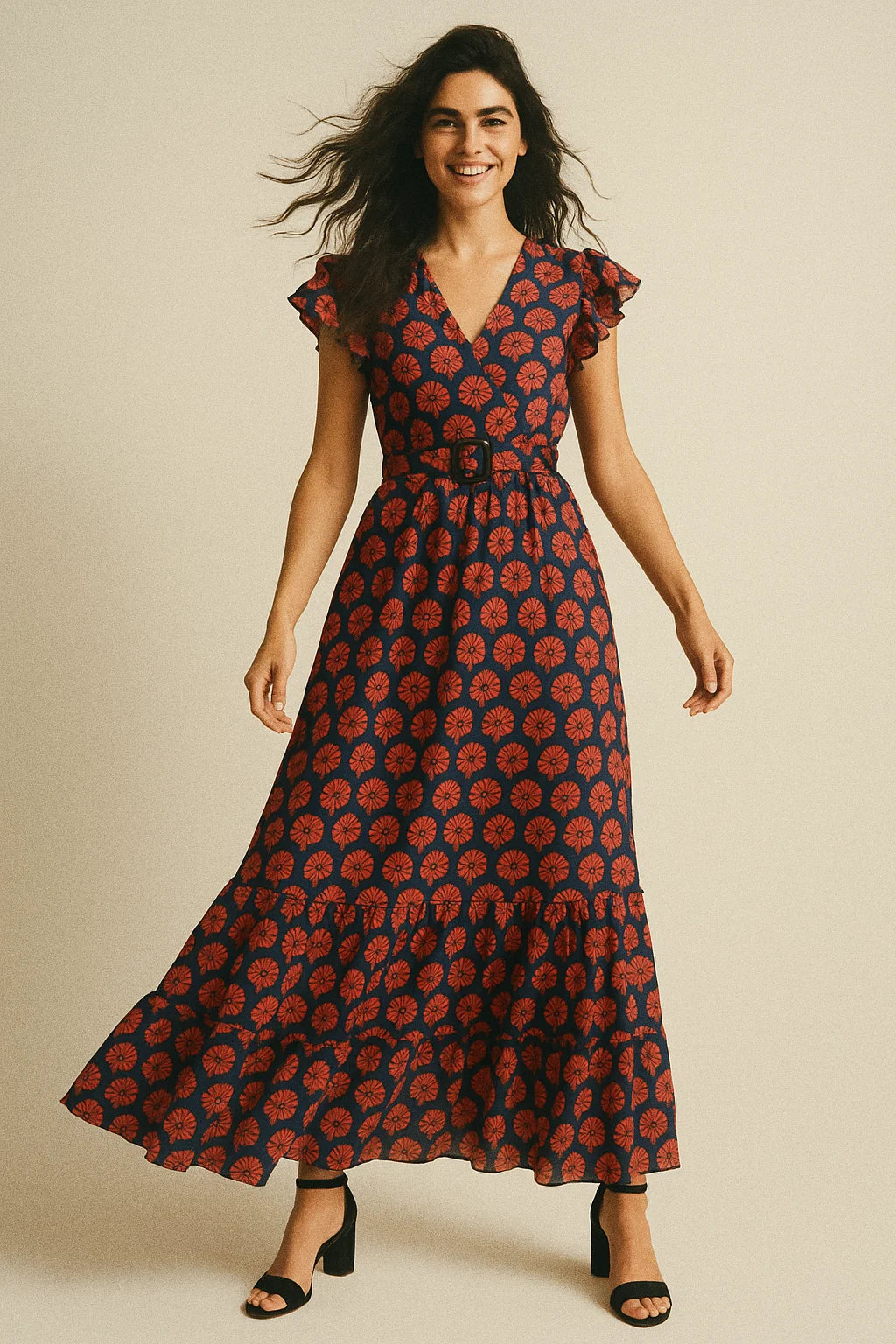 Beautiful Red Floral Over Dark Blue Base Printed Fabric