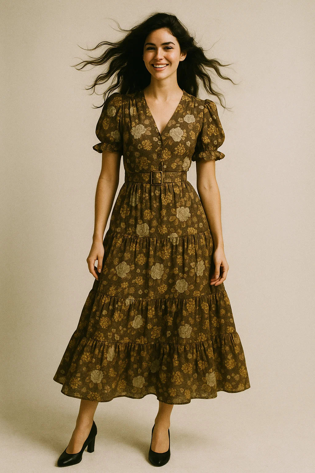 Beautiful Floral Vine Over Brown Base Digital Printed Fabric