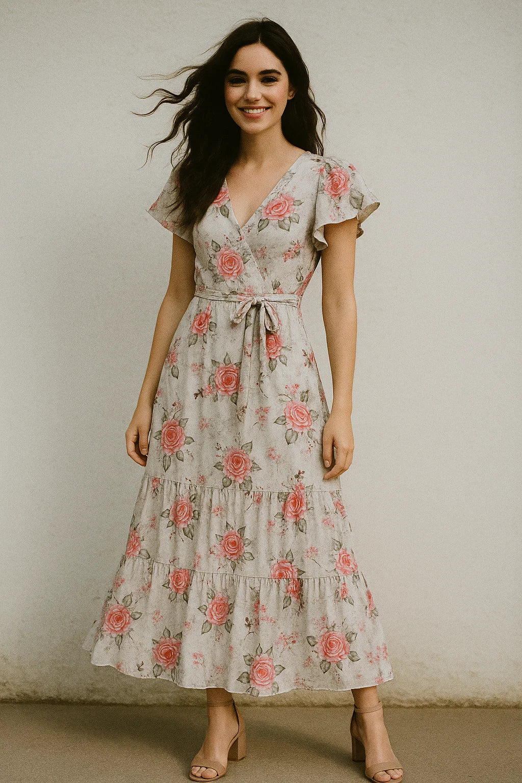 Beautiful Floating Pink Rose Digital Printed Fabric