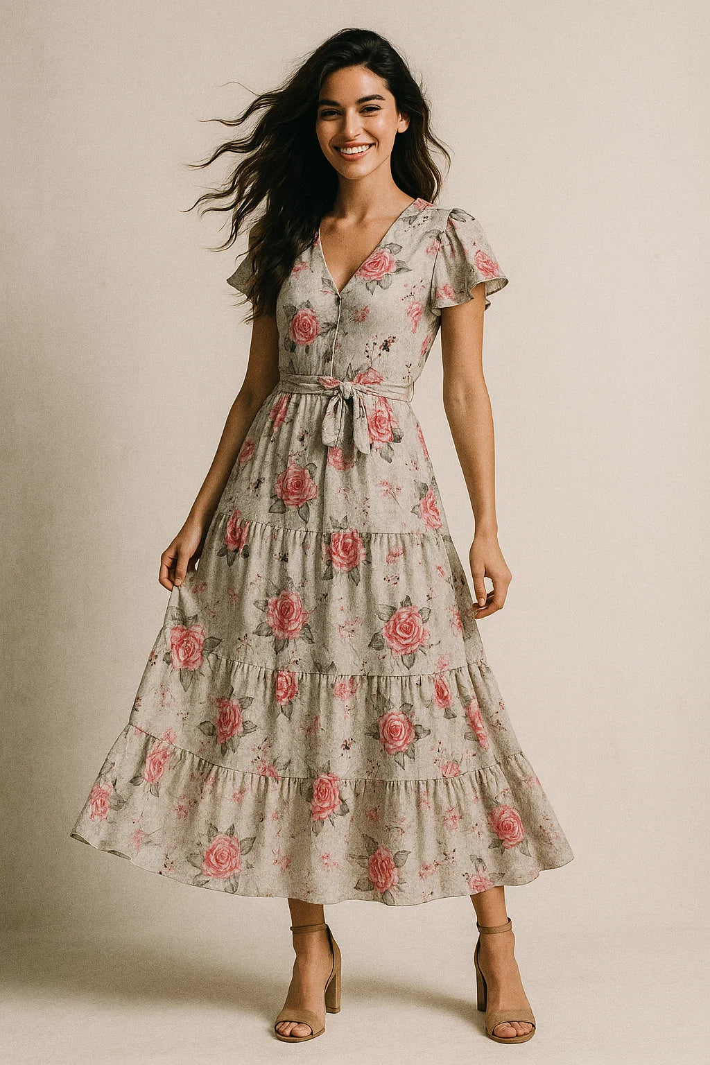 Beautiful Floating Pink Rose Digital Printed Fabric