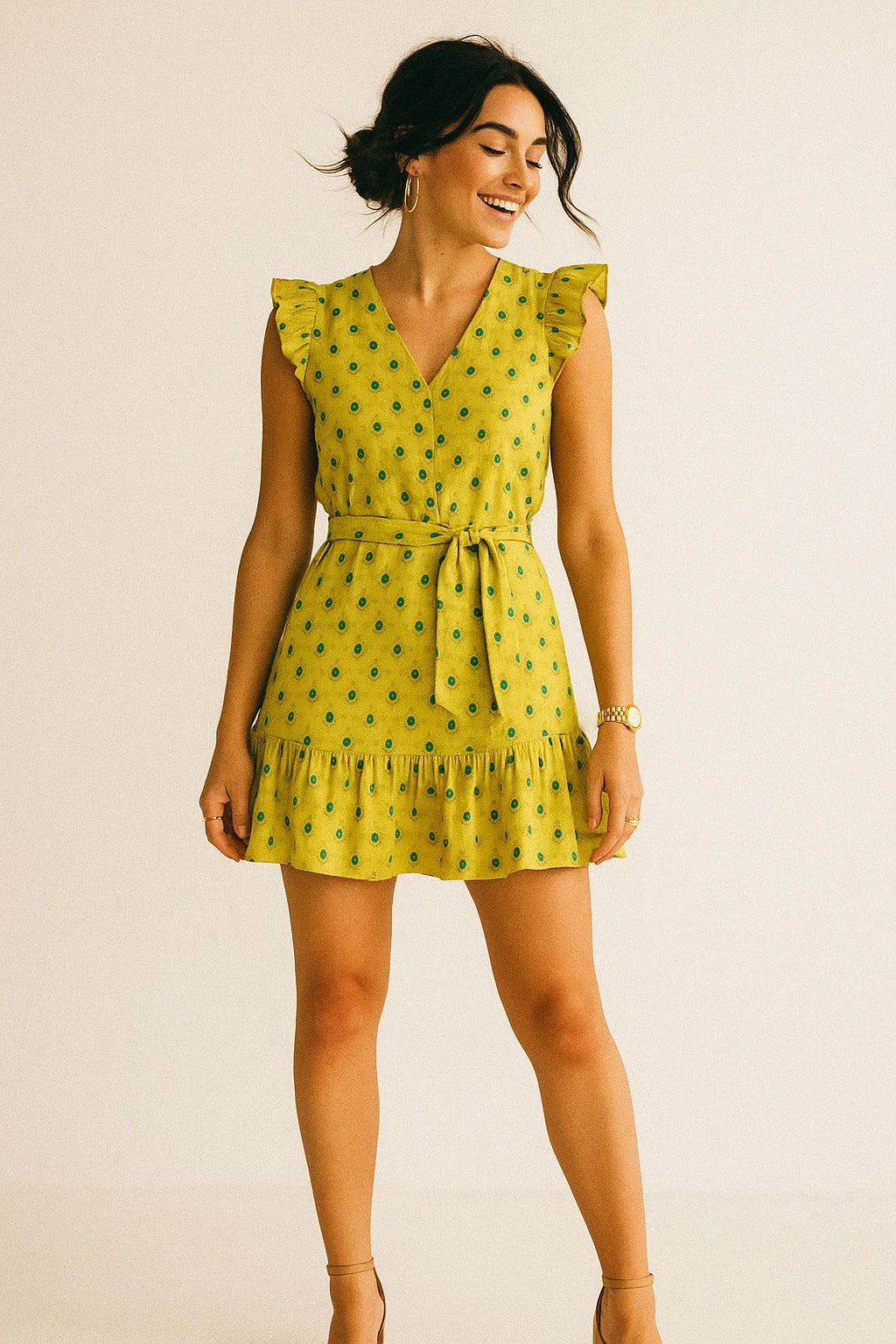 Lemon Yellow Small And Single Motif Allover Digital Printed Fabric - Muslin