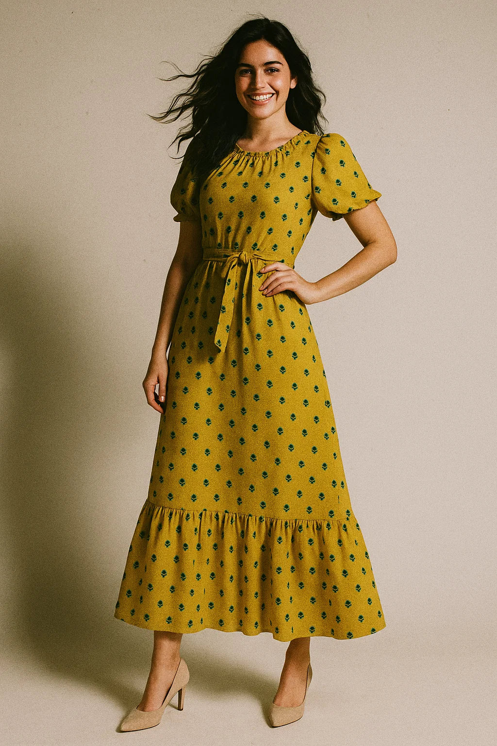 Lemon Yellow Small And Single Motif Allover Digital Printed Fabric - Muslin