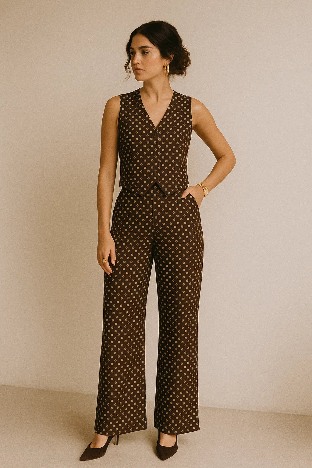 Brown Polka Dot Digital Printed Fabric - Muslin