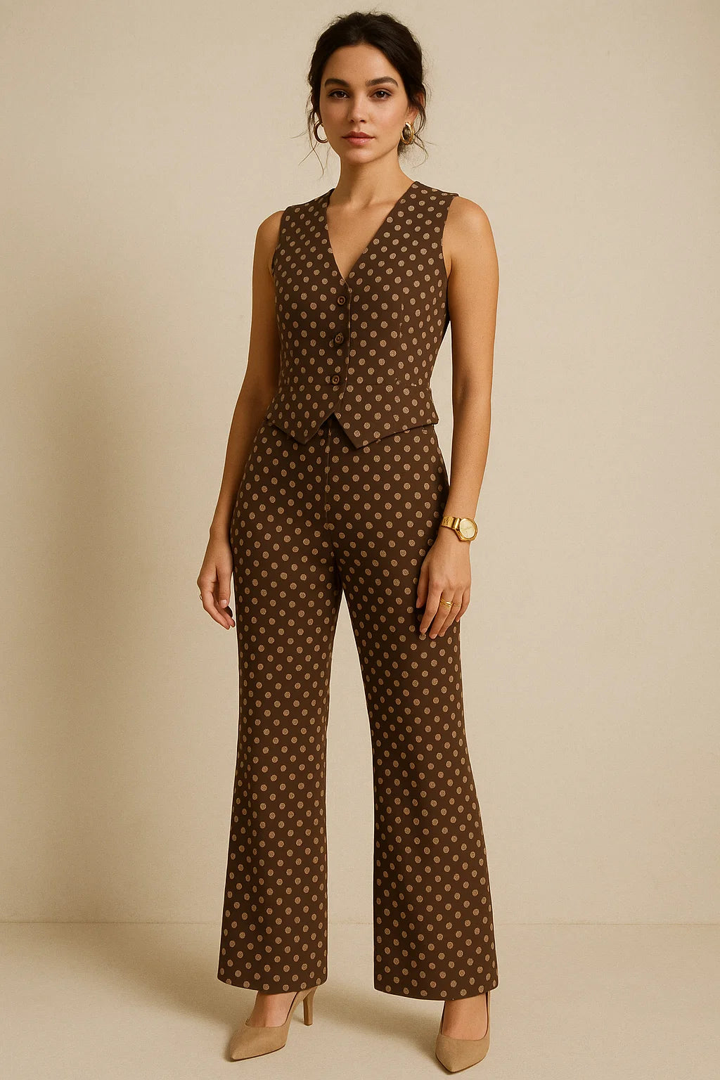 Brown Polka Dot Digital Printed Fabric - Muslin