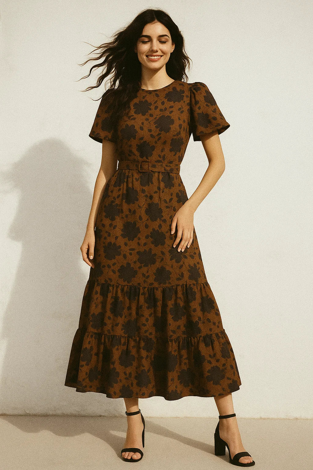 Black And Rustic Look Flower Digital Printed Fabric - Muslin