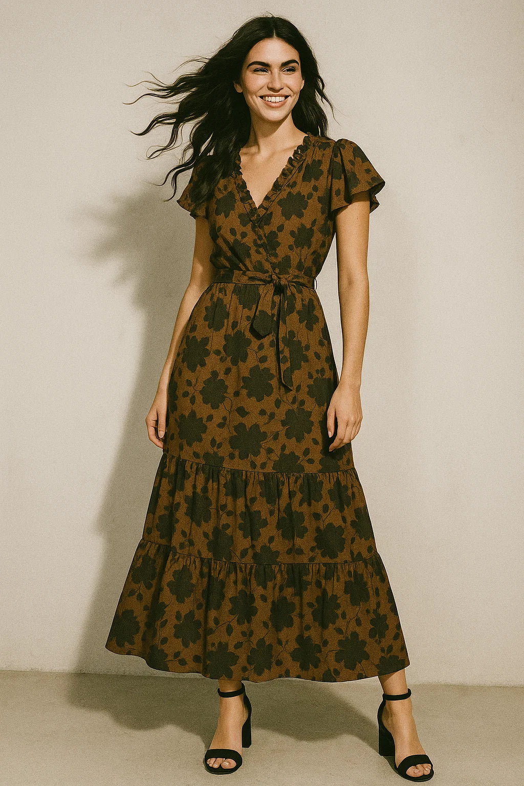 Black And Rustic Look Flower Digital Printed Fabric - Muslin