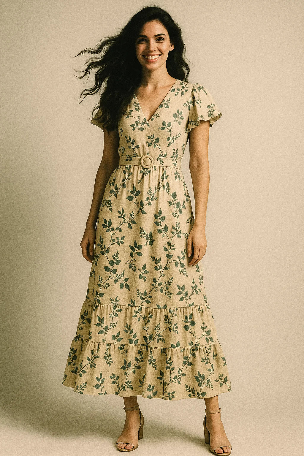 Olive Stalk And Leaves Digital Printed Fabric - Muslin