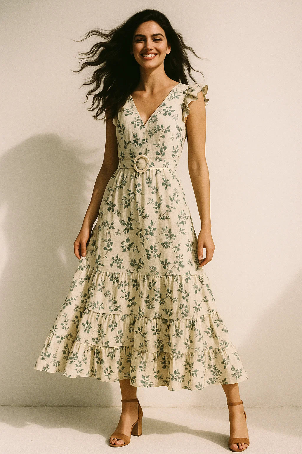 Olive Stalk And Leaves Digital Printed Fabric - Muslin