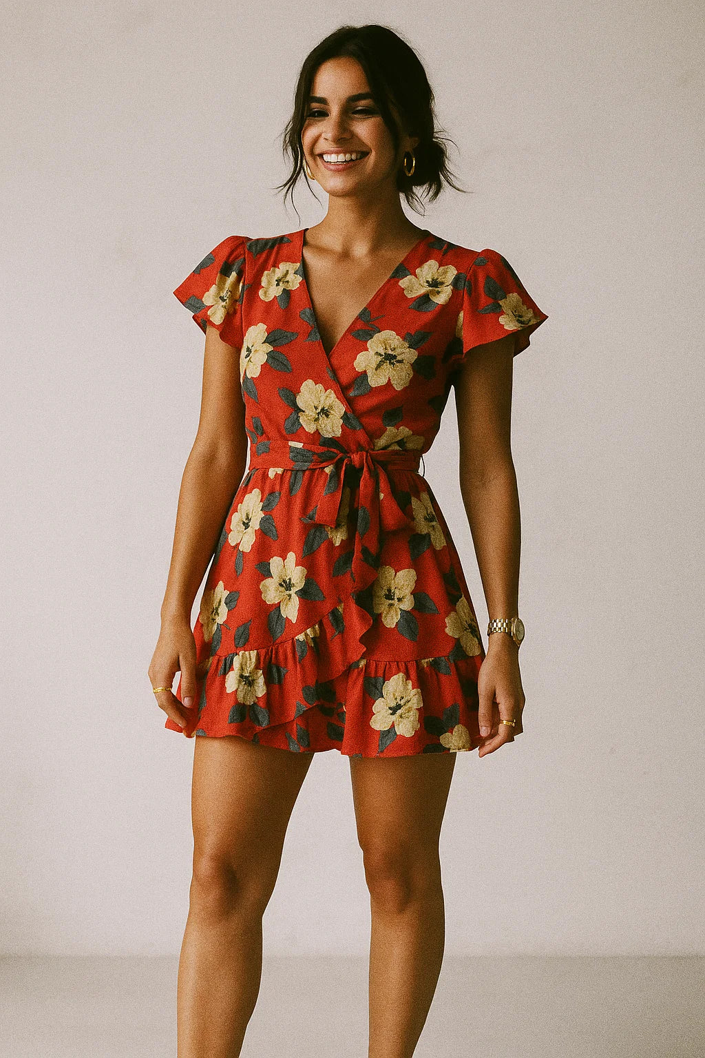 Red And White Flower Digital Printed Fabric - Muslin