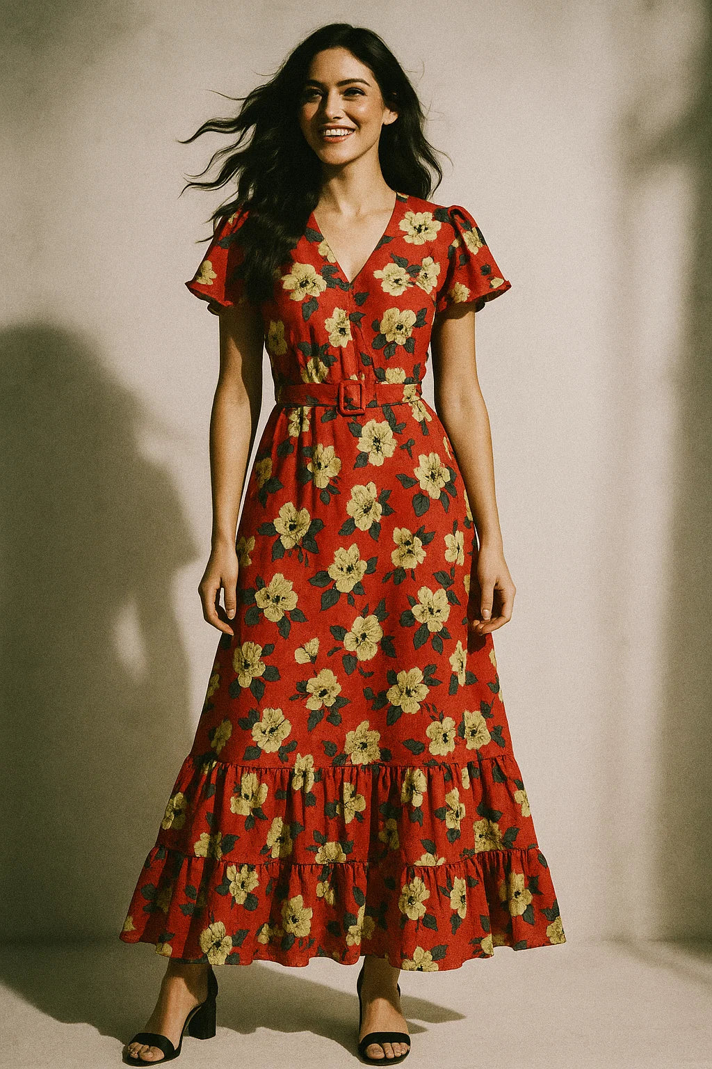 Red And White Flower Digital Printed Fabric - Muslin