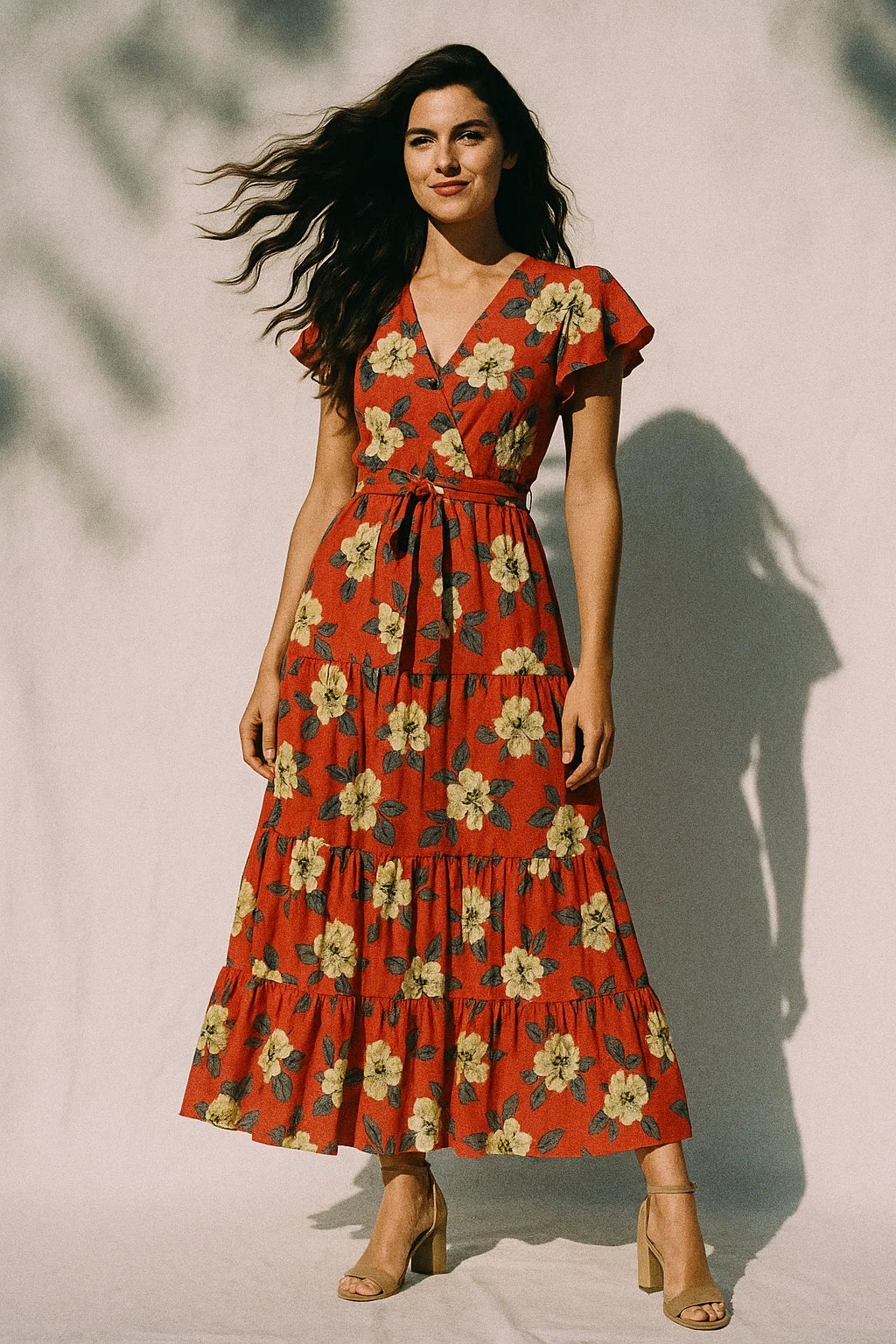Red And White Flower Digital Printed Fabric - Muslin