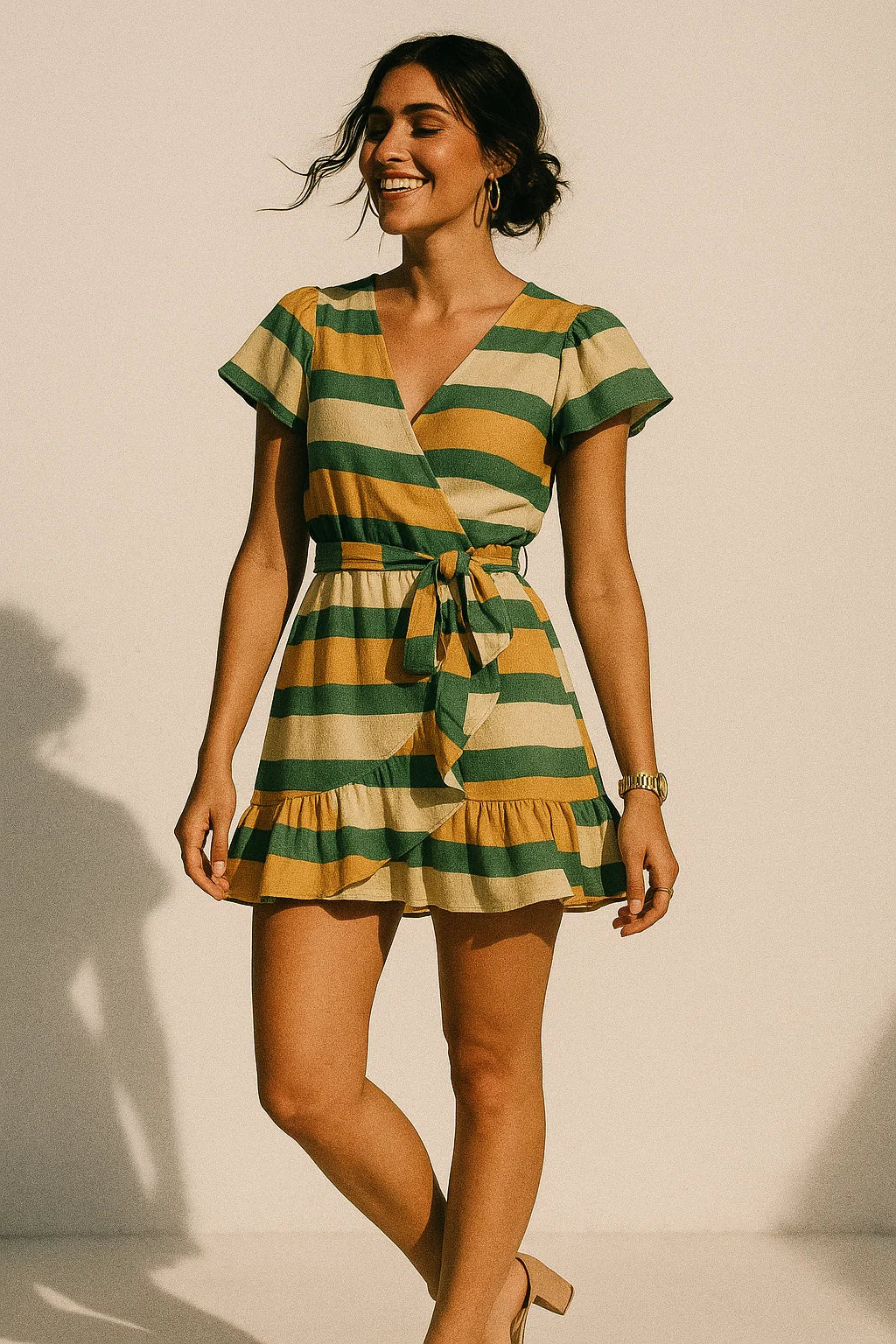 Yellow Green Stripes Digital Printed Fabric - Muslin