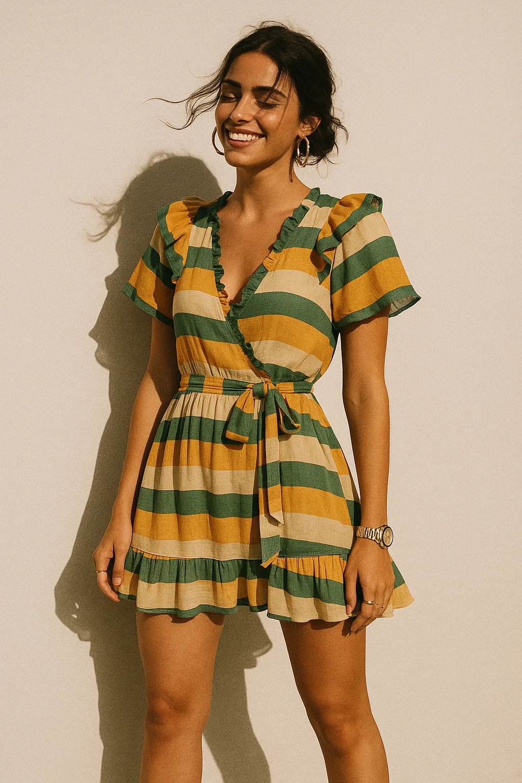 Yellow Green Stripes Digital Printed Fabric - Muslin