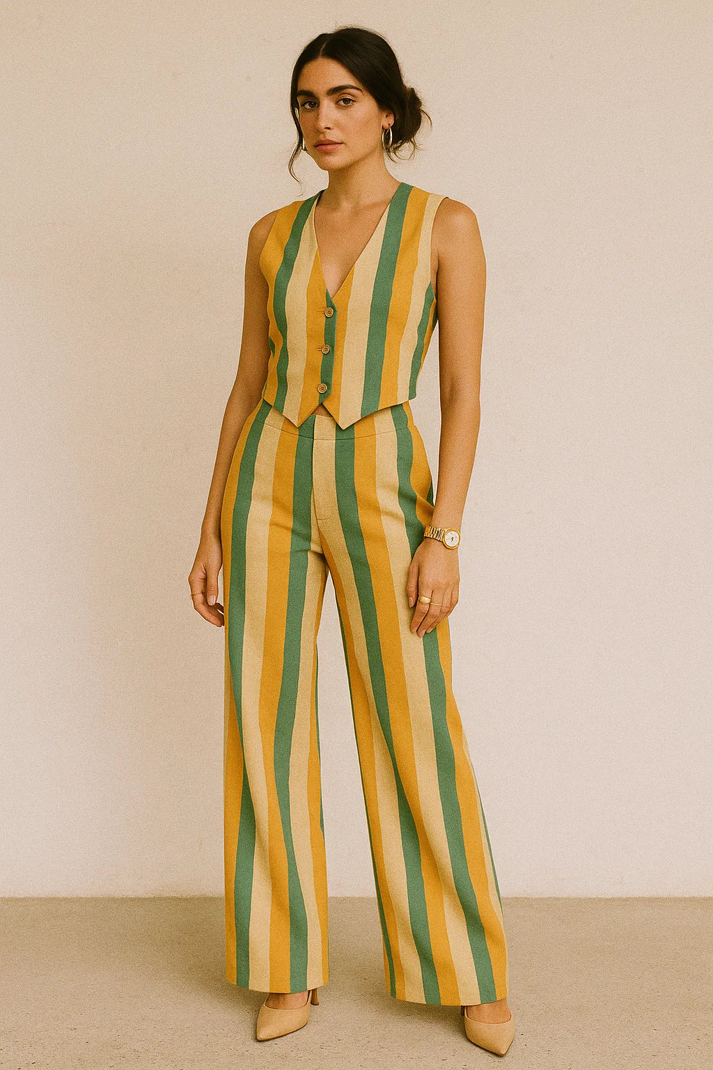 Yellow Green Stripes Digital Printed Fabric - Muslin