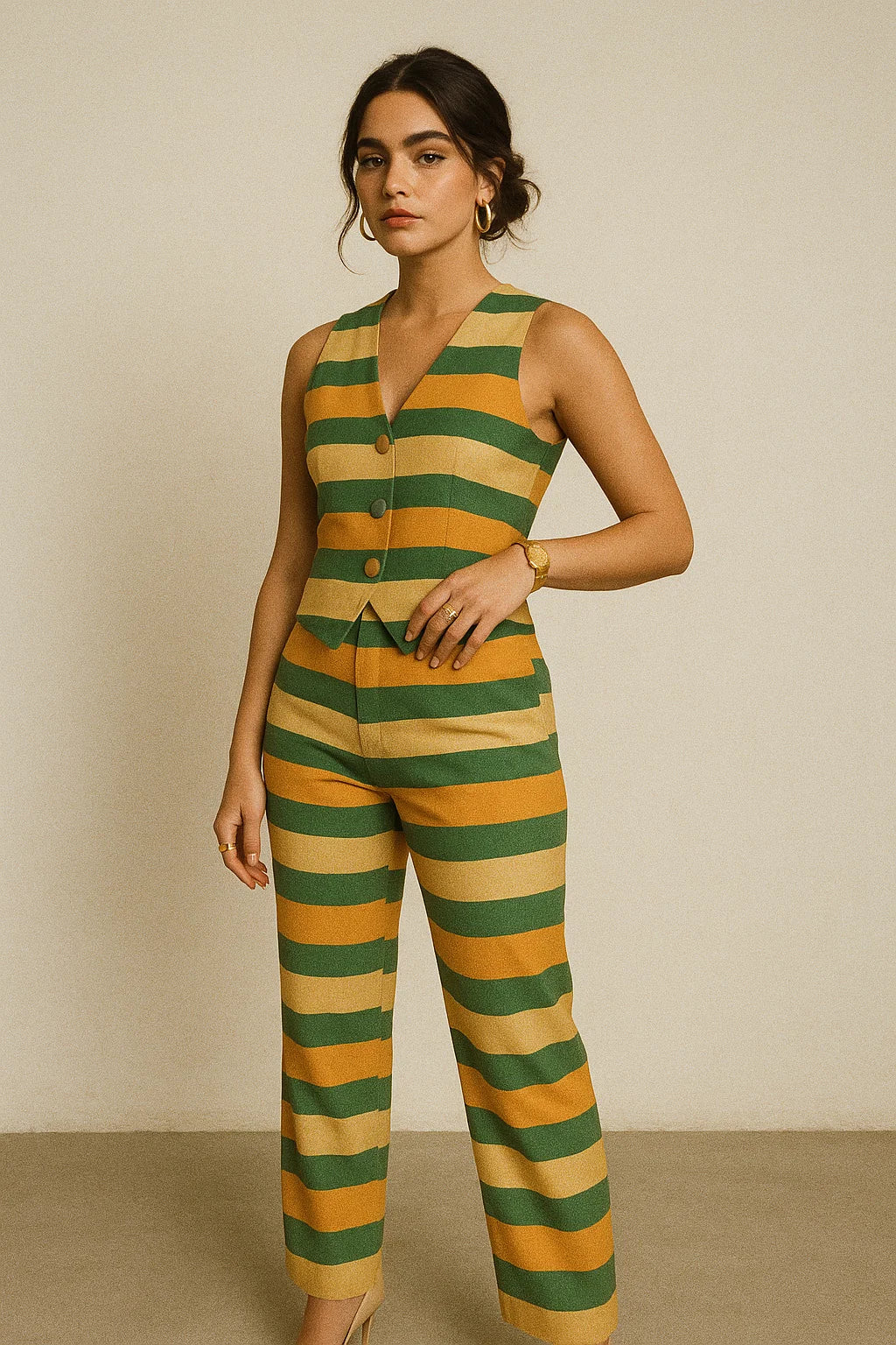 Yellow Green Stripes Digital Printed Fabric - Muslin