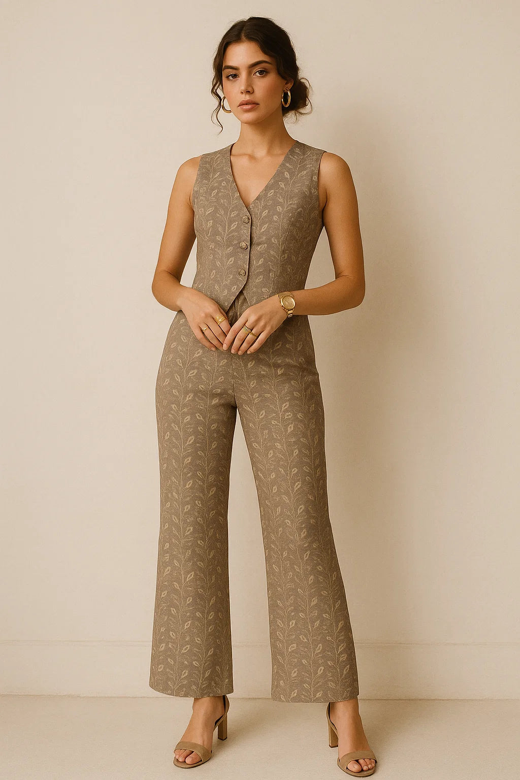 Brown Leaves With Stalk Digital Printed Fabric - Muslin