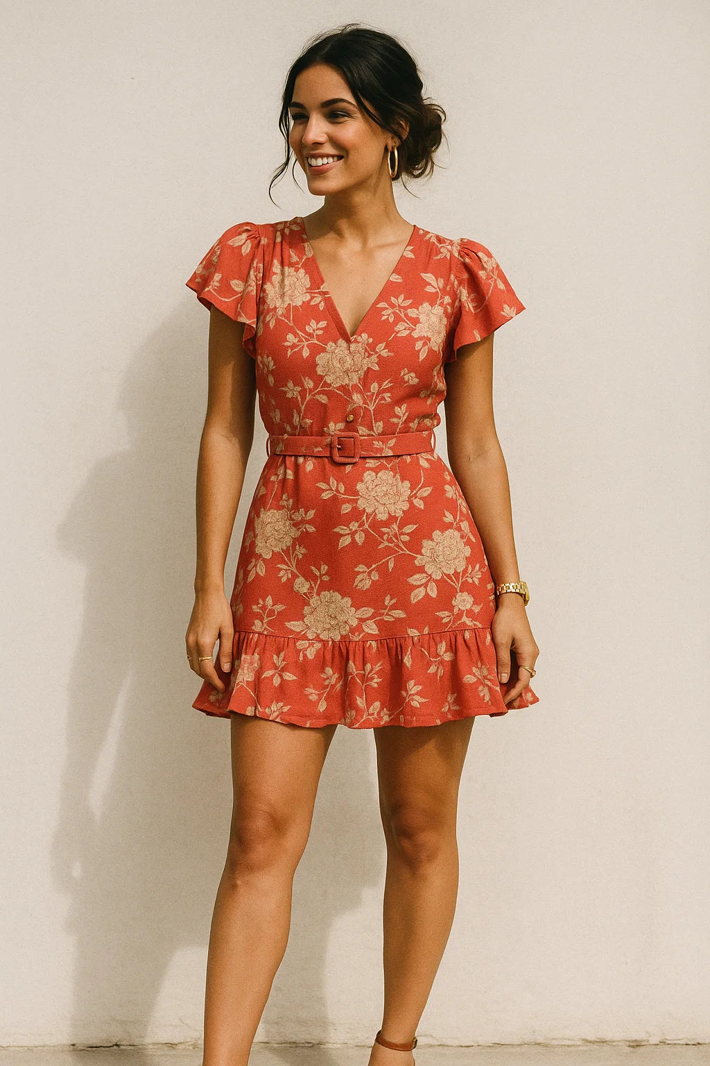 Flower Bunch On Dreamy Orange Digital Printed Fabric  - Muslin