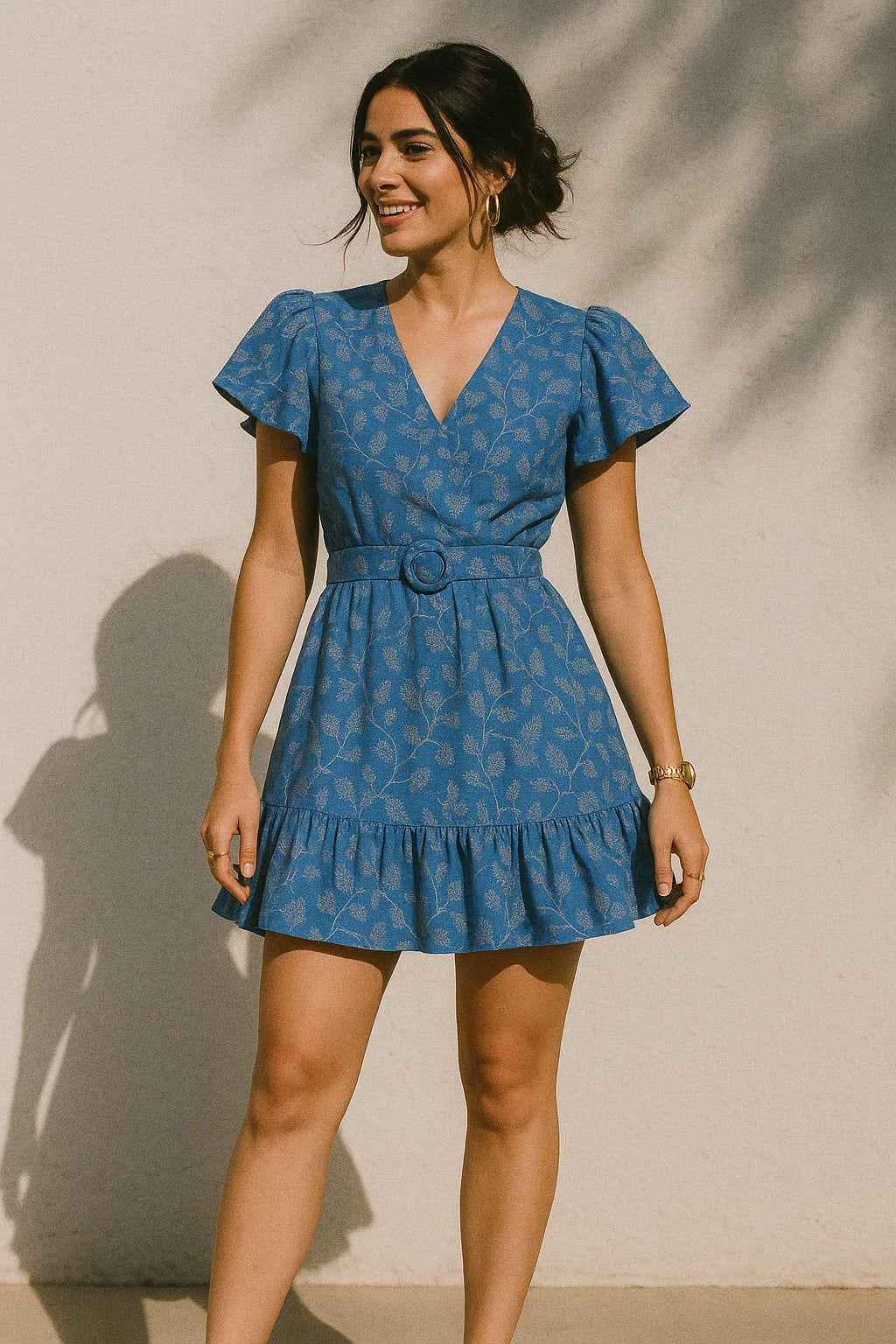 White Jasud Flower With Stalk Digital Printed Fabric - Muslin