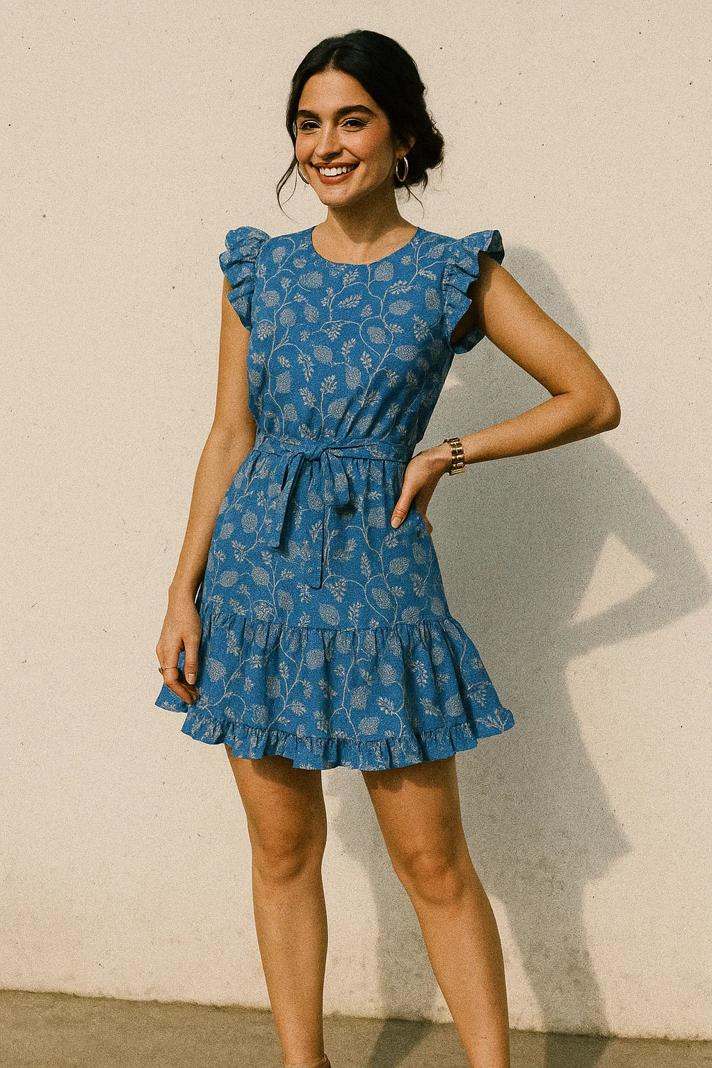 White Jasud Flower With Stalk Digital Printed Fabric - Muslin