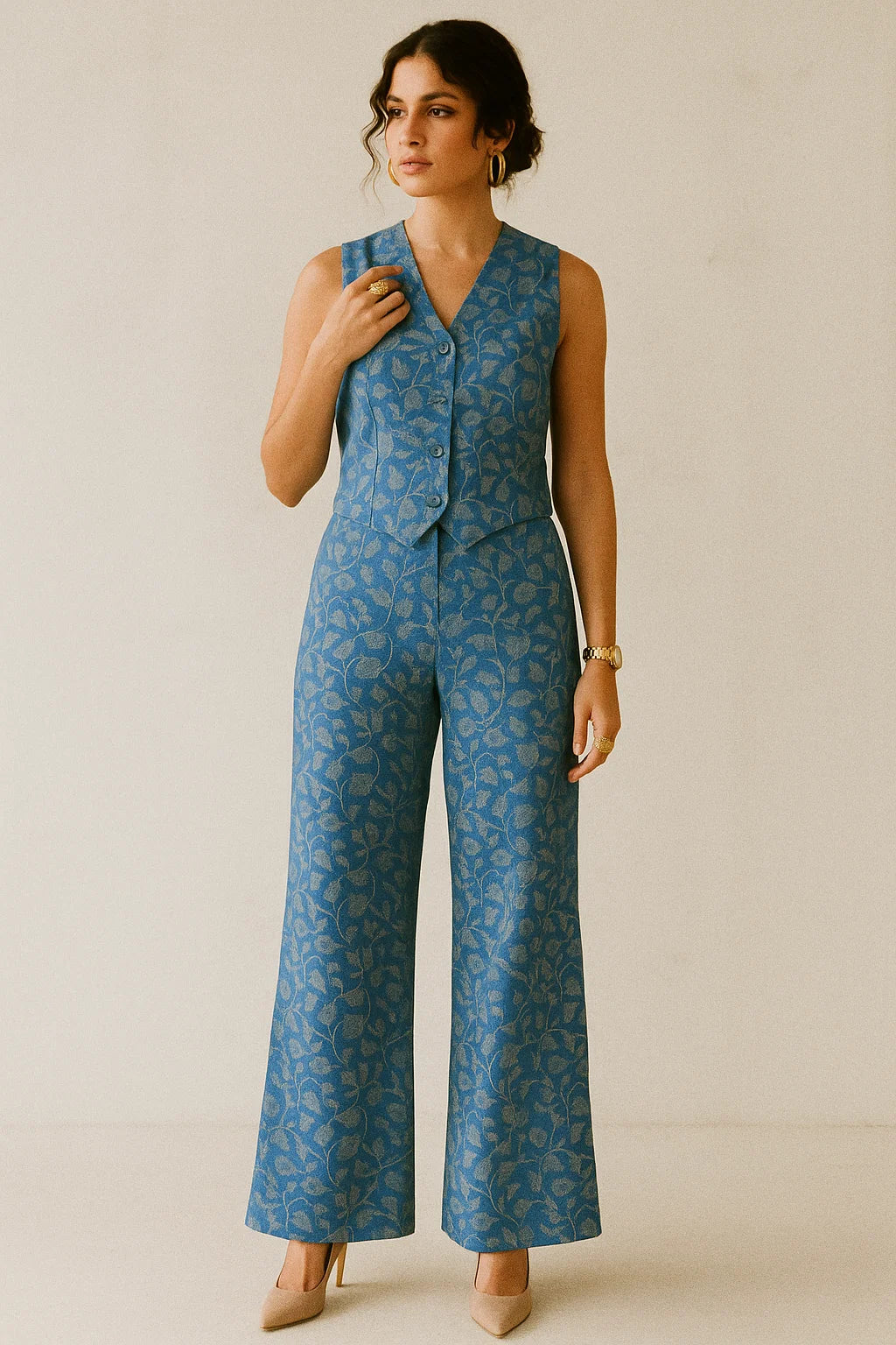 White Jasud Flower With Stalk Digital Printed Fabric - Muslin