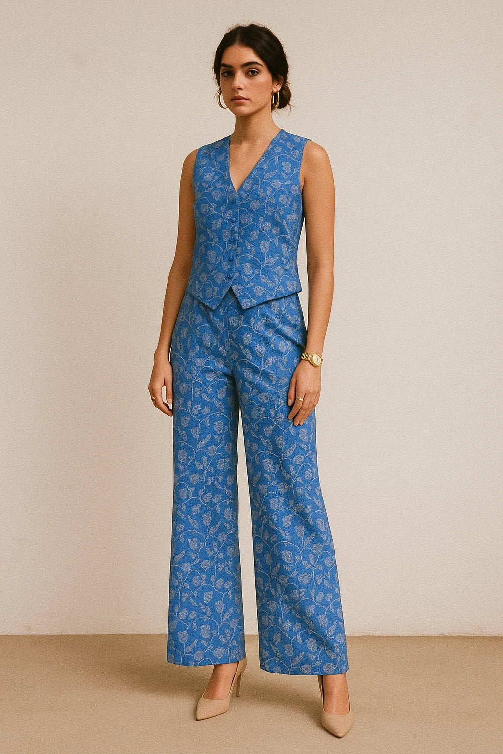 White Jasud Flower With Stalk Digital Printed Fabric - Muslin