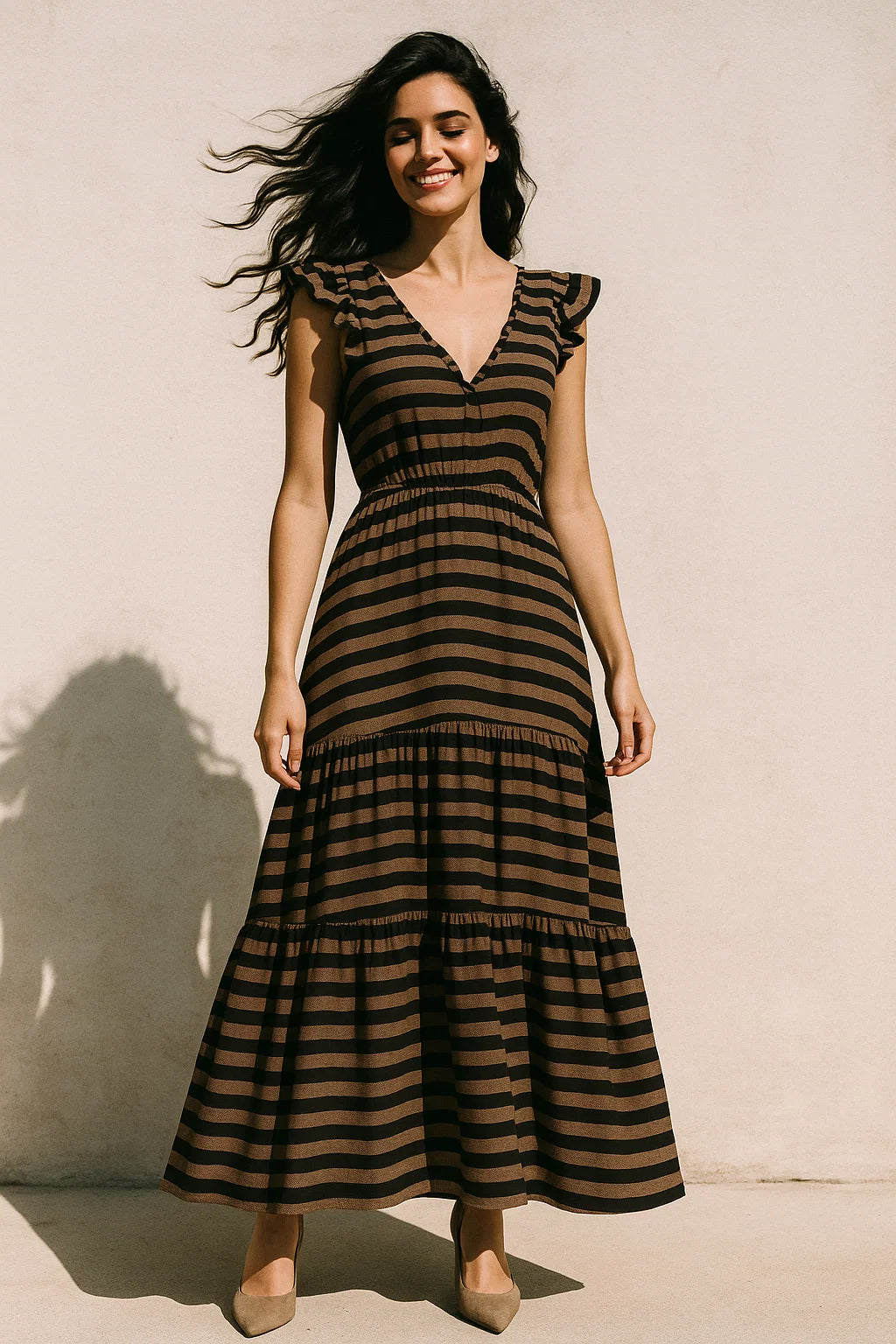 Classy Brown Strip Digital Printed Silk Crepe Fabric