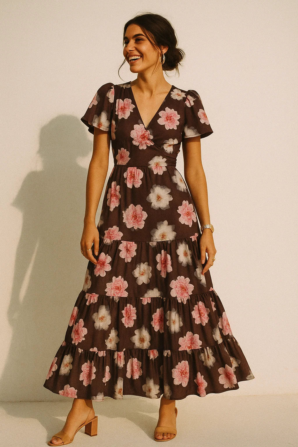 Classy and Attractive Brown Floral Digital Printed Silk Crepe Fabric