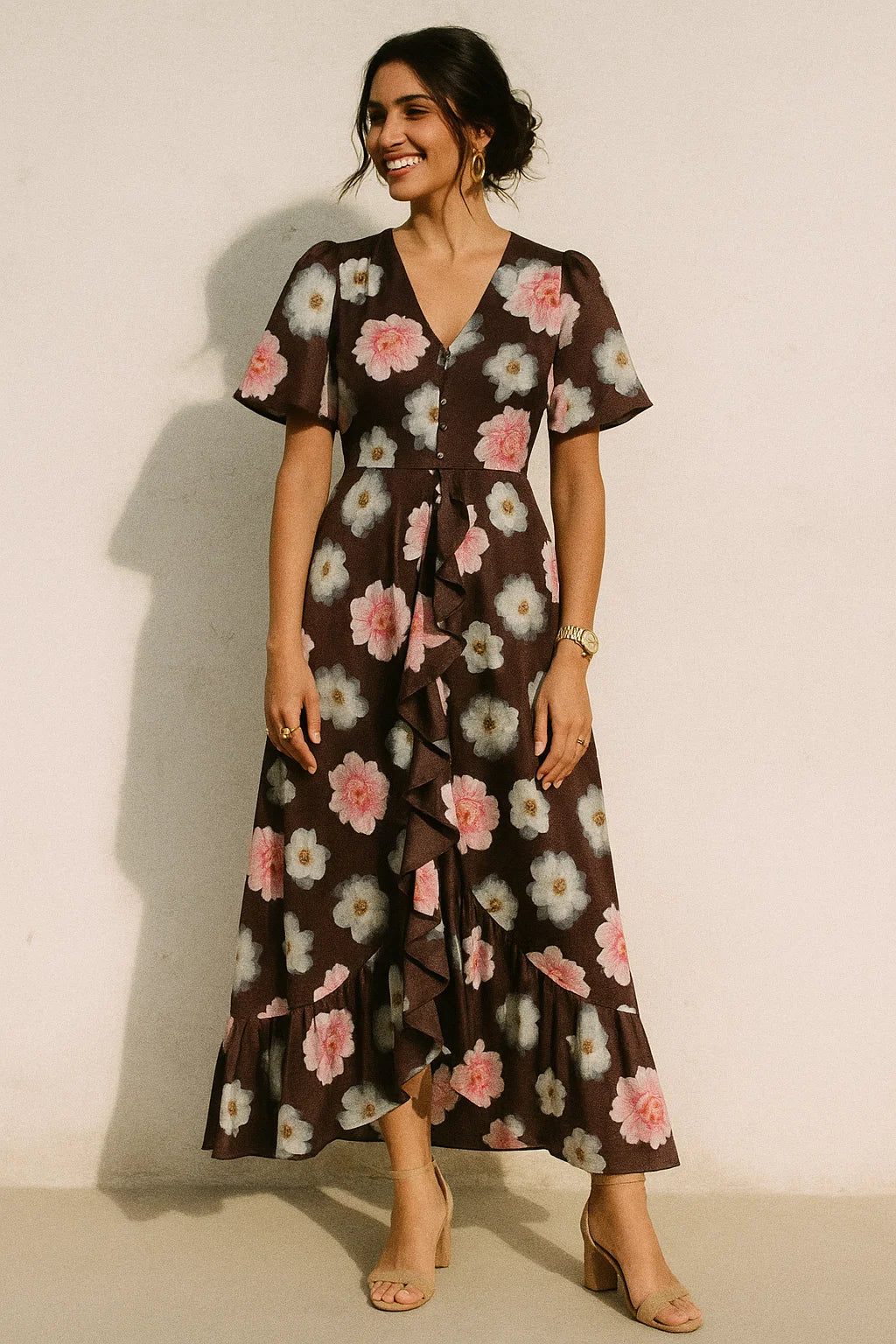 Classy and Attractive Brown Floral Digital Printed Silk Crepe Fabric