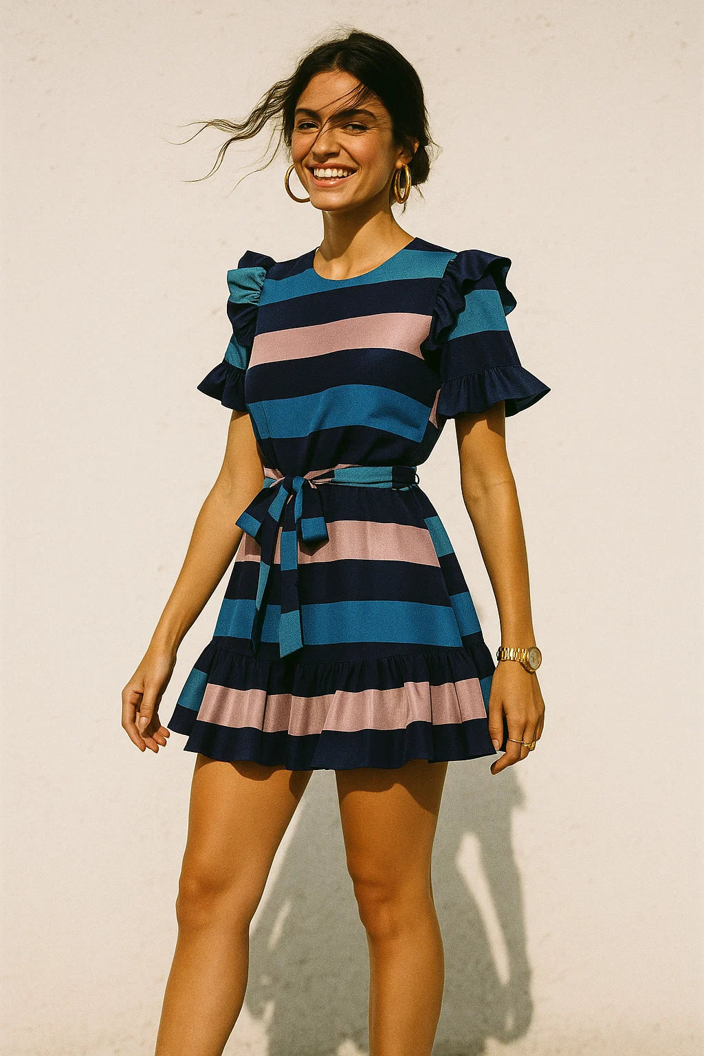 Classy Green, Blue, and Peach Strips Digital Printed Silk Crepe Fabric