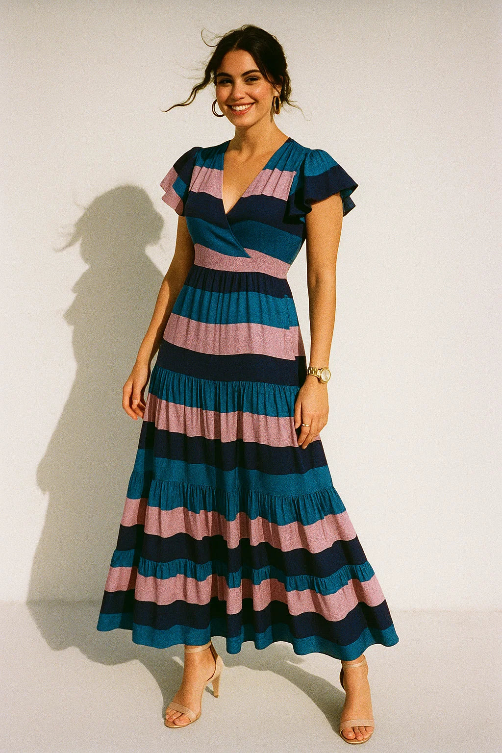 Classy Green, Blue, and Peach Strips Digital Printed Silk Crepe Fabric