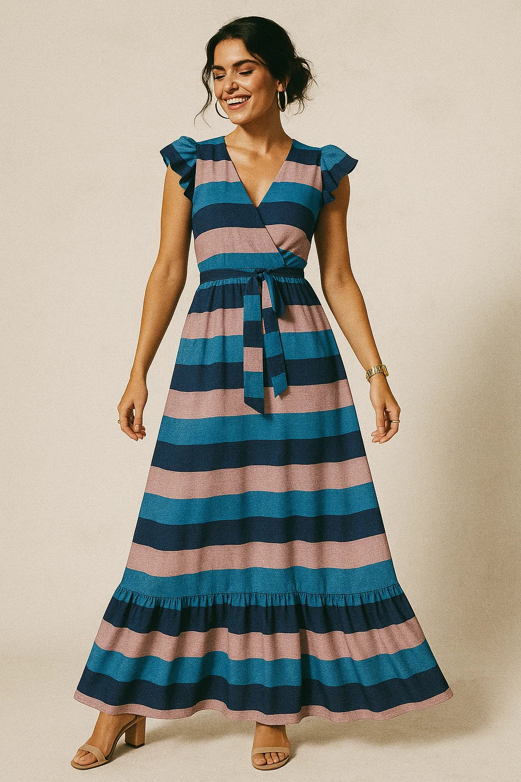 Classy Green, Blue, and Peach Strips Digital Printed Silk Crepe Fabric