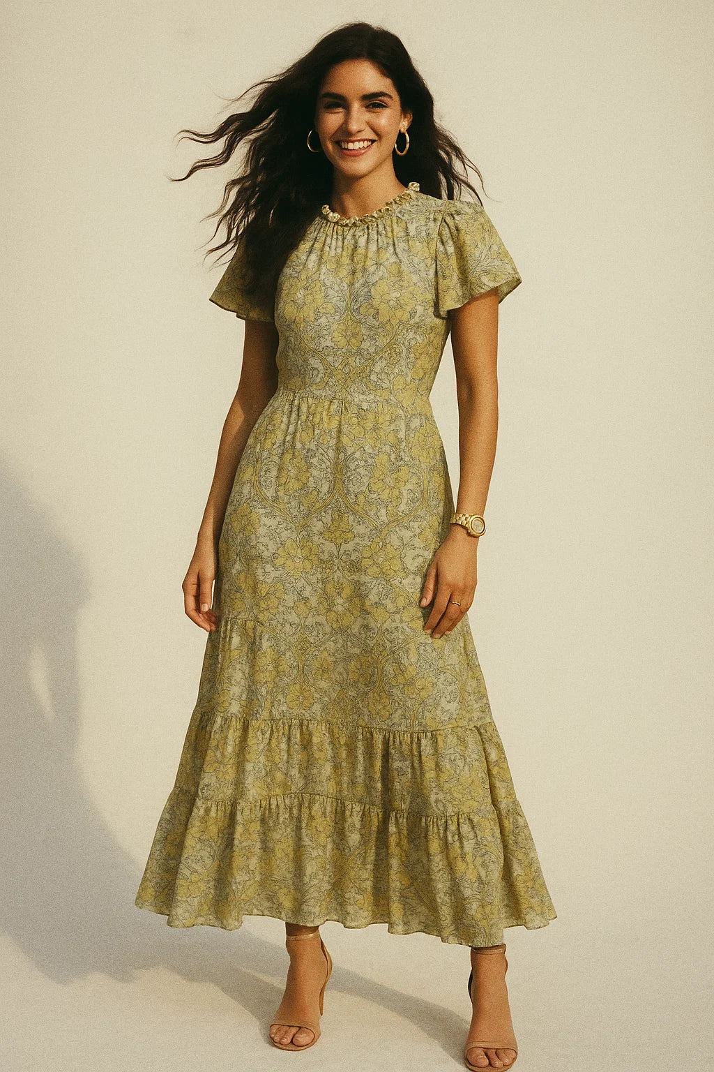 Tan Damask Silk Crepe Printed Fabric