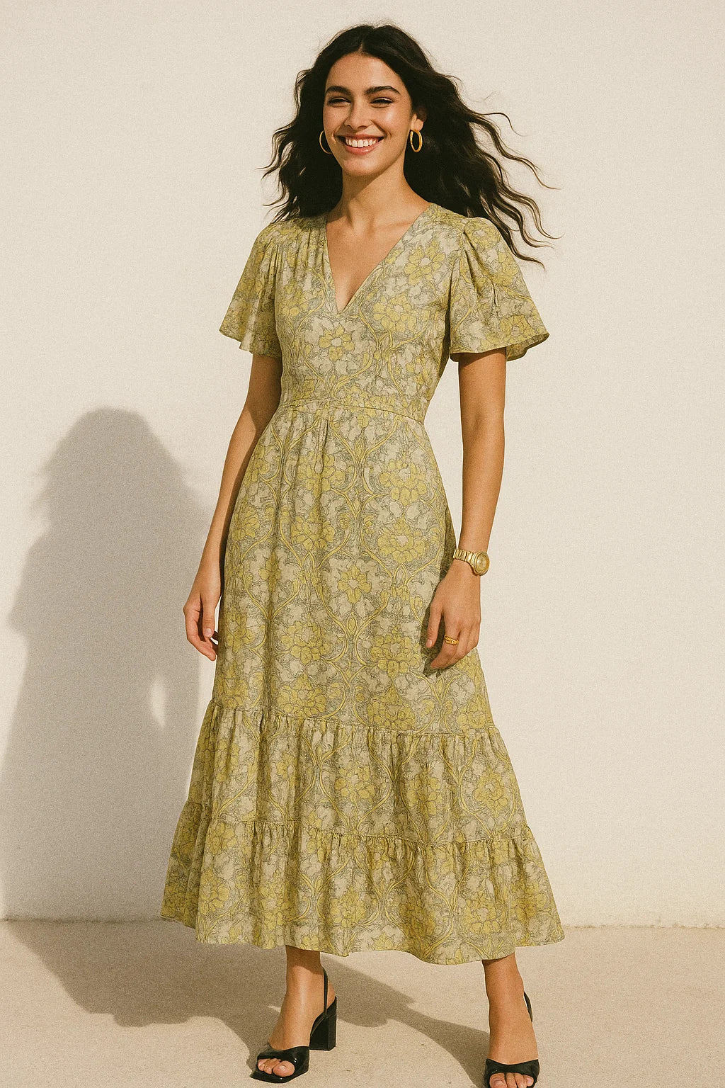 Tan Damask Silk Crepe Printed Fabric