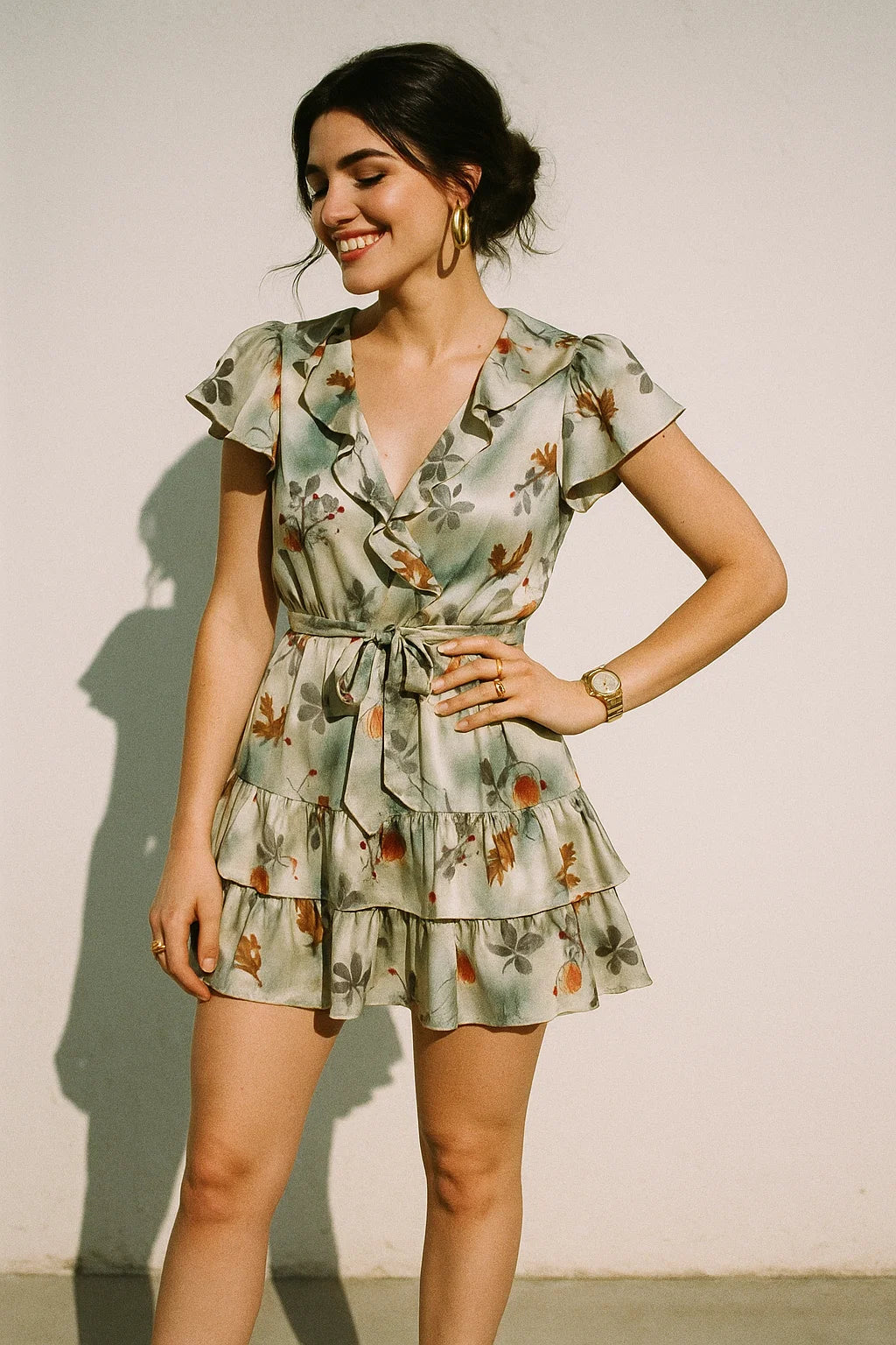 Gray Leaves Silk Crepe Printed Fabric