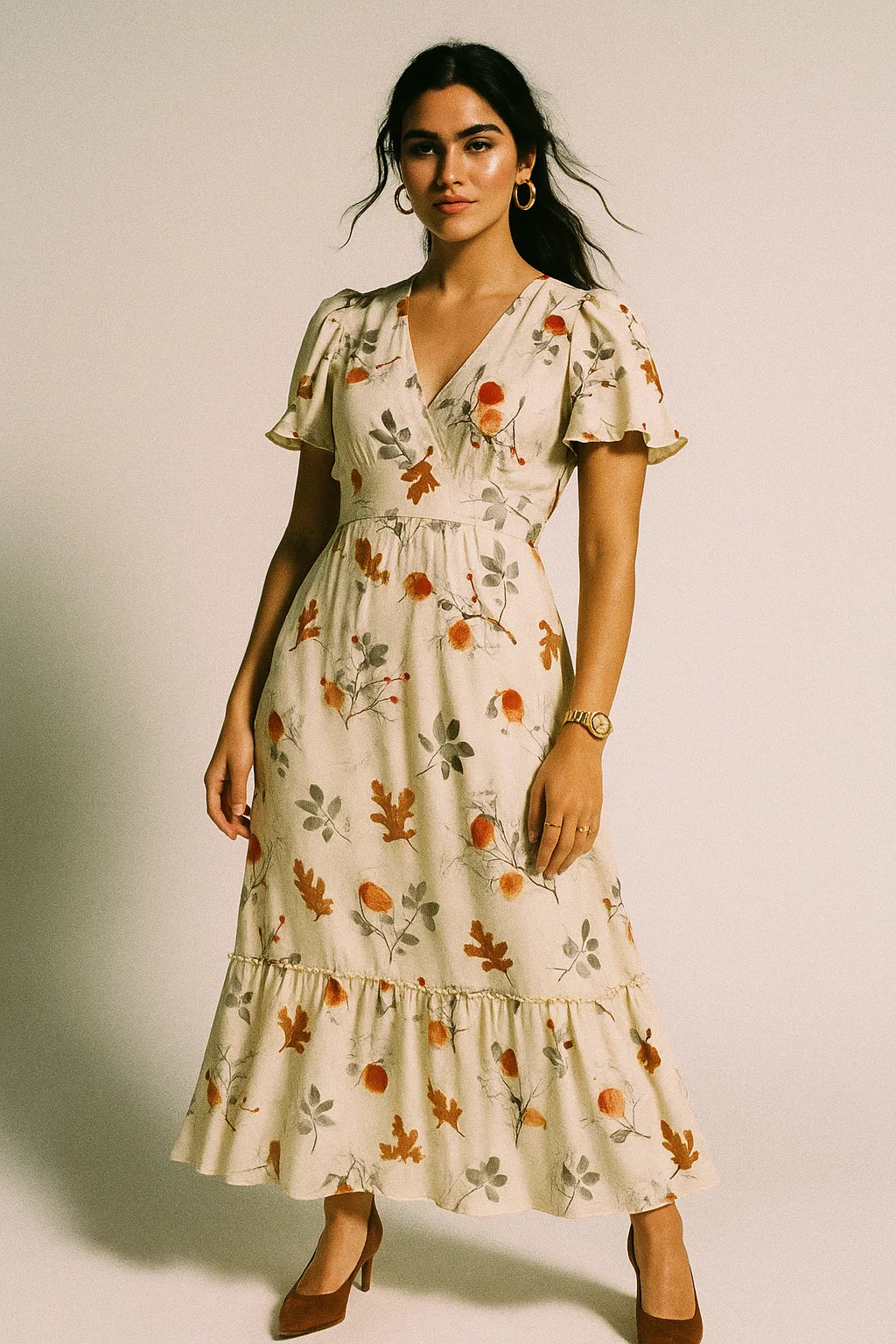 Gray Leaves Silk Crepe Printed Fabric