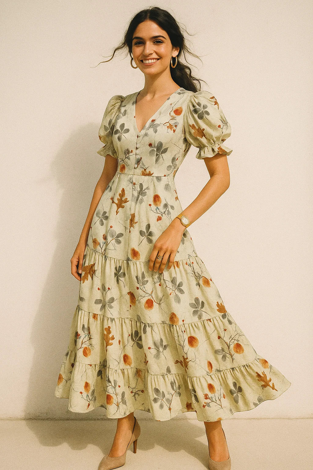 Gray Leaves Silk Crepe Printed Fabric