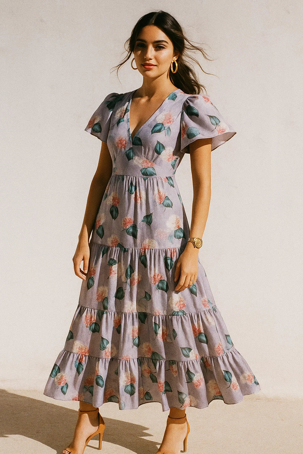 Peach Flower Printed Silk Crepe Fabric Material