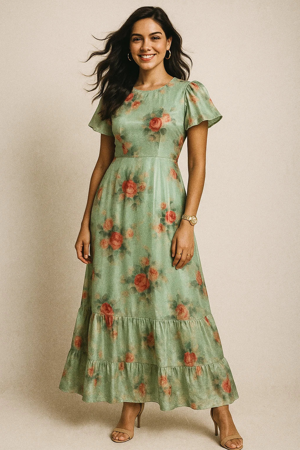 Green Pista Flower Printed Silk Crepe Fabric Material