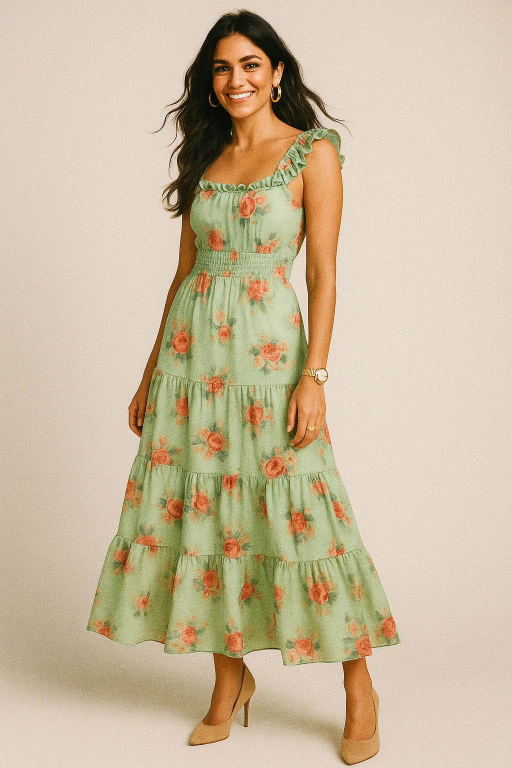 Green Pista Flower Printed Silk Crepe Fabric Material