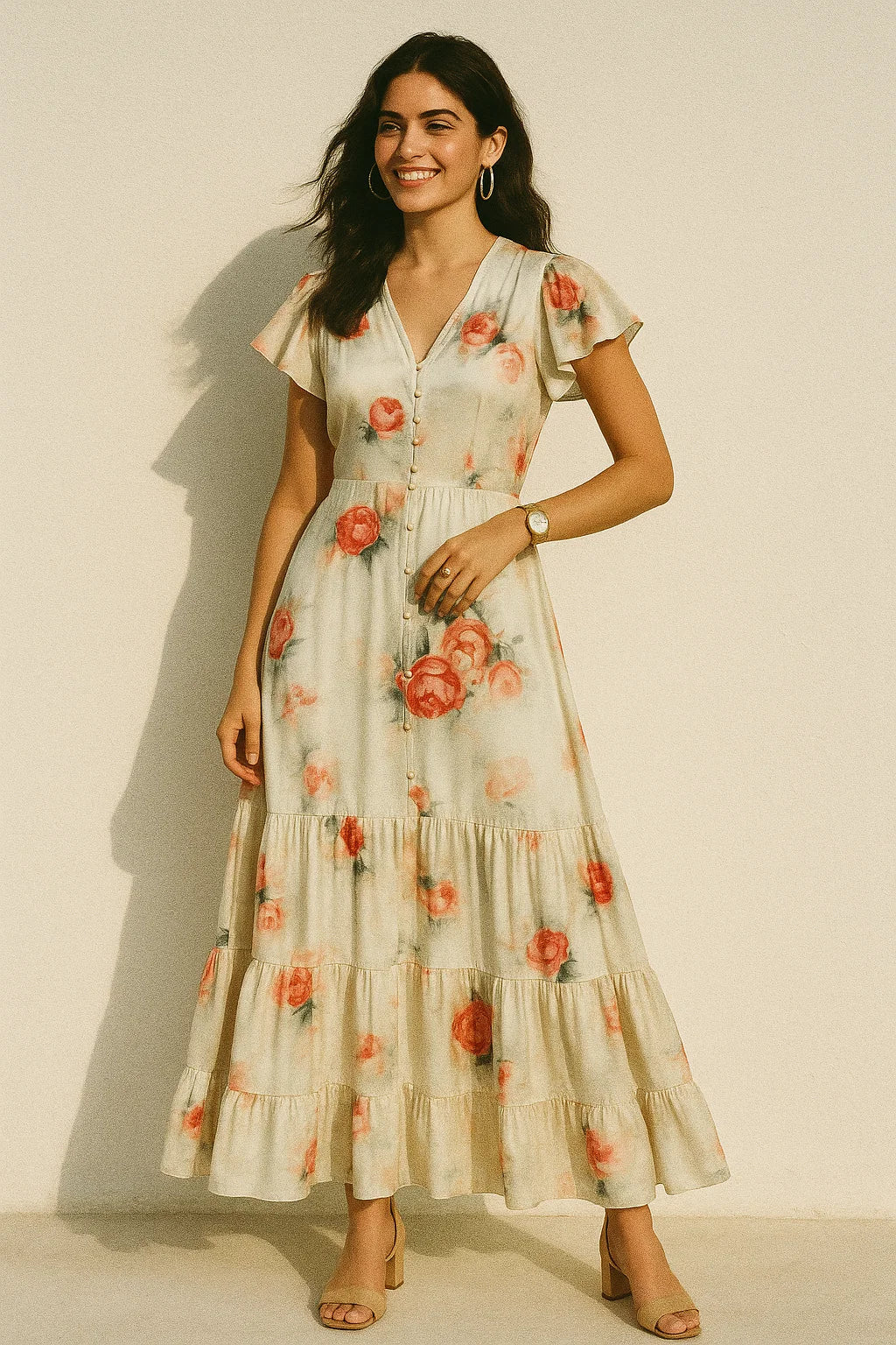 Red Floral Printed Silk Crepe Fabric Material