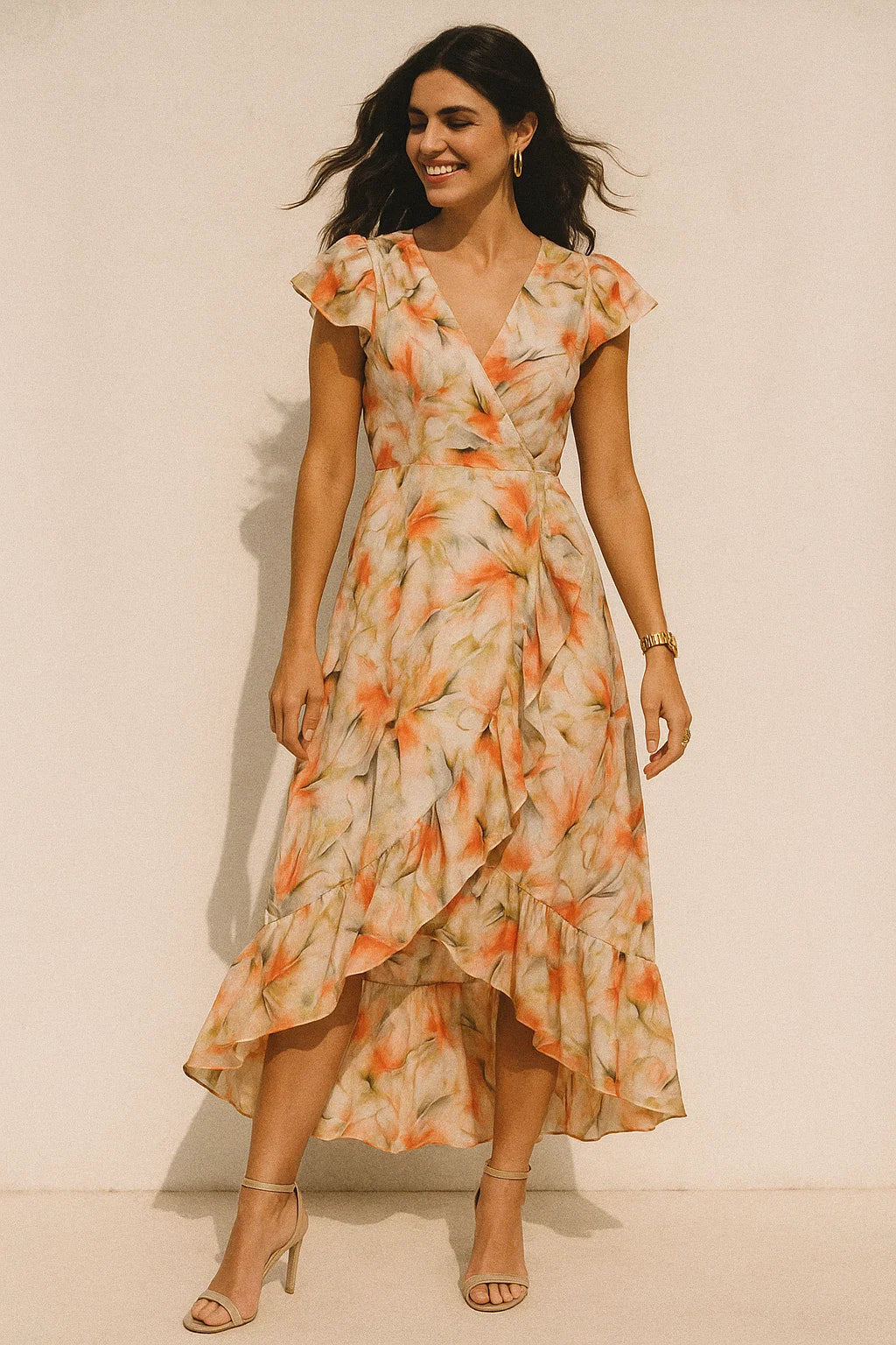 Celosia Orange Leaves Printed Silk Crepe Fabric Material